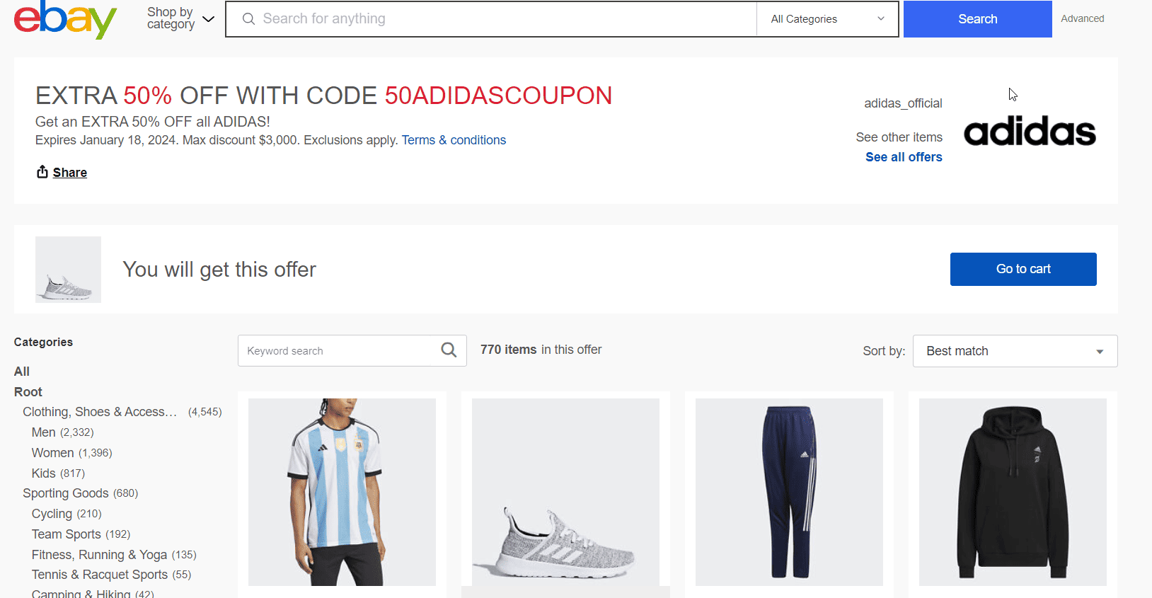 eBay折扣码2024优惠码 adidas阿迪达斯旗舰店精选服饰鞋履额外5折促销